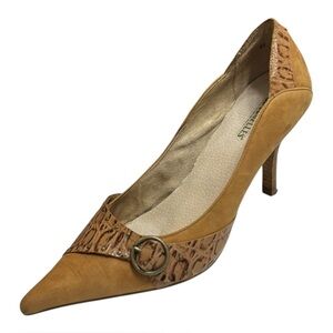 Seychelles Tan Suede Stiletto Heel Size 8.5 Croc Embossed Leather Accent Buckle